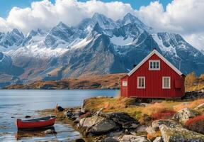 Red Cabin and Boat in Lofoten, Norway photo