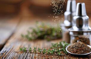 Dried Herbs Pouring Onto Wooden Surface photo