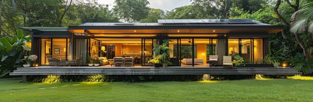 Modern House With Large Windows and Wooden Deck in Lush Green Forest Setting at Dusk photo