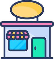 A small store with a yellow sign on top vector