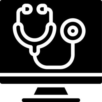 A black and white icon of a stethoscope on a computer monitor vector
