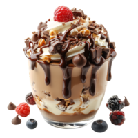 A dessert with chocolate, berries and whipped cream png