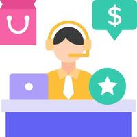 A man in a headset is sitting at a desk with a phone and a shopping bag vector