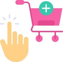 A hand pointing to a shopping cart with a plus sign vector
