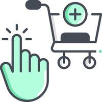 A hand pointing to a shopping cart and a finger pointing to a button vector