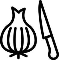 An onion and knife are shown in a black and white outline vector