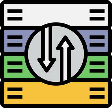 A stack of three different colored disks with an arrow pointing up vector