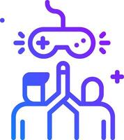 Two people are holding up a controller with a headset on it vector