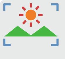 A camera icon with a sun and mountains vector