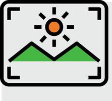 A camera with a sun and mountains in the background vector