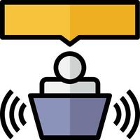 A person sitting in a chair with a microphone and a yellow sign vector