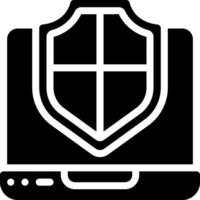 A black and white icon of a laptop with a shield vector