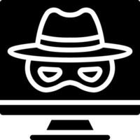 A black and white image of a computer monitor with a hat and mask vector