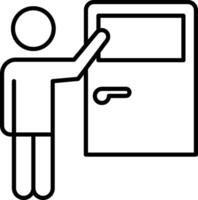 A man is pointing to a door with a sign on it vector