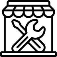 A black and white icon of a shop with a wrench and a hammer vector