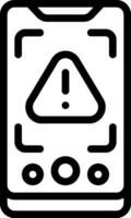 A black and white icon of a cell phone with a warning sign vector
