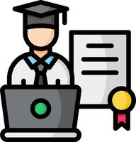 A graduate is sitting at a computer with a diploma vector