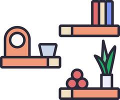 Shelves with books, plants and other items vector
