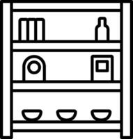 A black and white illustration of a shelf with bowls and bottles vector