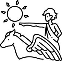 A line drawing of a man riding a horse with the sun in the background vector