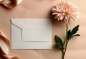 White Envelope and Peach Rose on a Brown Surface photo