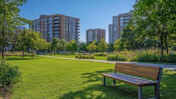 Park bench under trees with city buildings and sunset in the background photo