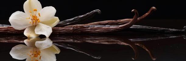 A Single Vanilla Blossom Resting on Dried Vanilla Beans photo