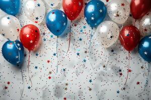 Red, White, and Blue Balloons Scattered With Stars on a White Background photo