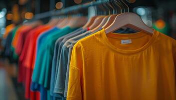 Yellow T-Shirt Hanging on a Rack With Other Colored Shirts in a Store photo