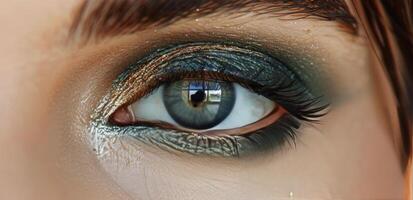 Close Up of a Womans Eye With Green Eyeshadow and Long Eyelashes photo
