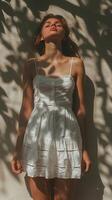 Woman in White Dress by Building photo
