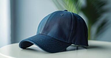 Blue Baseball Cap On White Surface With Blurry Green Plant In Background photo