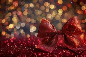 Red And Gold Bow With Festive Glitter Background photo