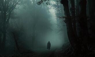 Mysterious Figure Walking Through Foggy Forest at Dusk photo