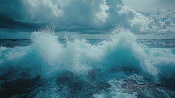 Vibrant ocean waves trail behind a boat near lush green mountains under a clear blue sky photo