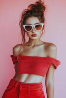 Young woman in red outfit poses against a pink background during daylight photo