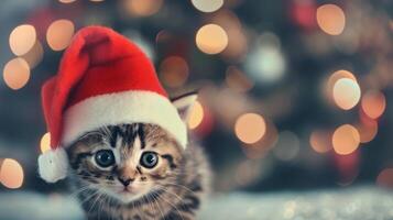 Kitten In Santa Hat Near Christmas Lights photo