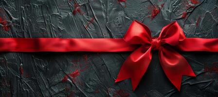 Red Satin Ribbon Bow on Black Textured Surface photo