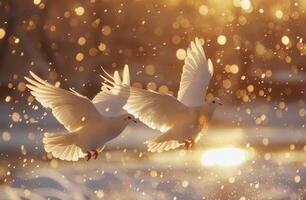 Two White Doves Soaring in Golden Light at Sunset photo