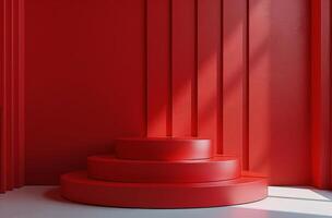 Red Stage With Circular Platform and Draped Curtains photo