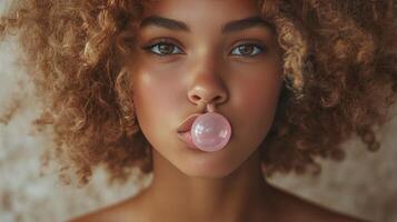 Young woman blowing pink bubblegum against a textured beige background photo