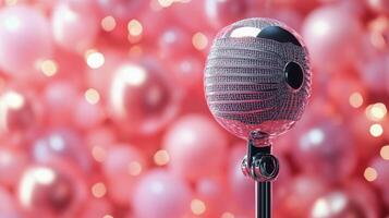 A sparkling microphone stands on a pink podium amidst colorful balloons photo