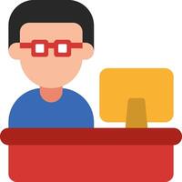 A man wearing glasses sits at a desk with a computer vector