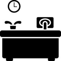 A black and white image of a desk with a clock vector