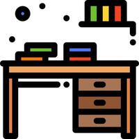 A desk with books and a clock on it vector