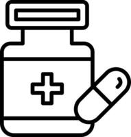 A black and white outline of a pill bottle and a cross vector