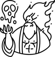 A cartoon drawing of a man with a skull and a fire vector