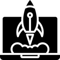 A black and white image of a rocket launching from a laptop vector