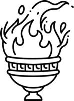 A black and white drawing of a bowl with fire in it vector