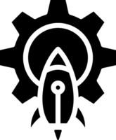 A black and white logo of a rocket with gears vector